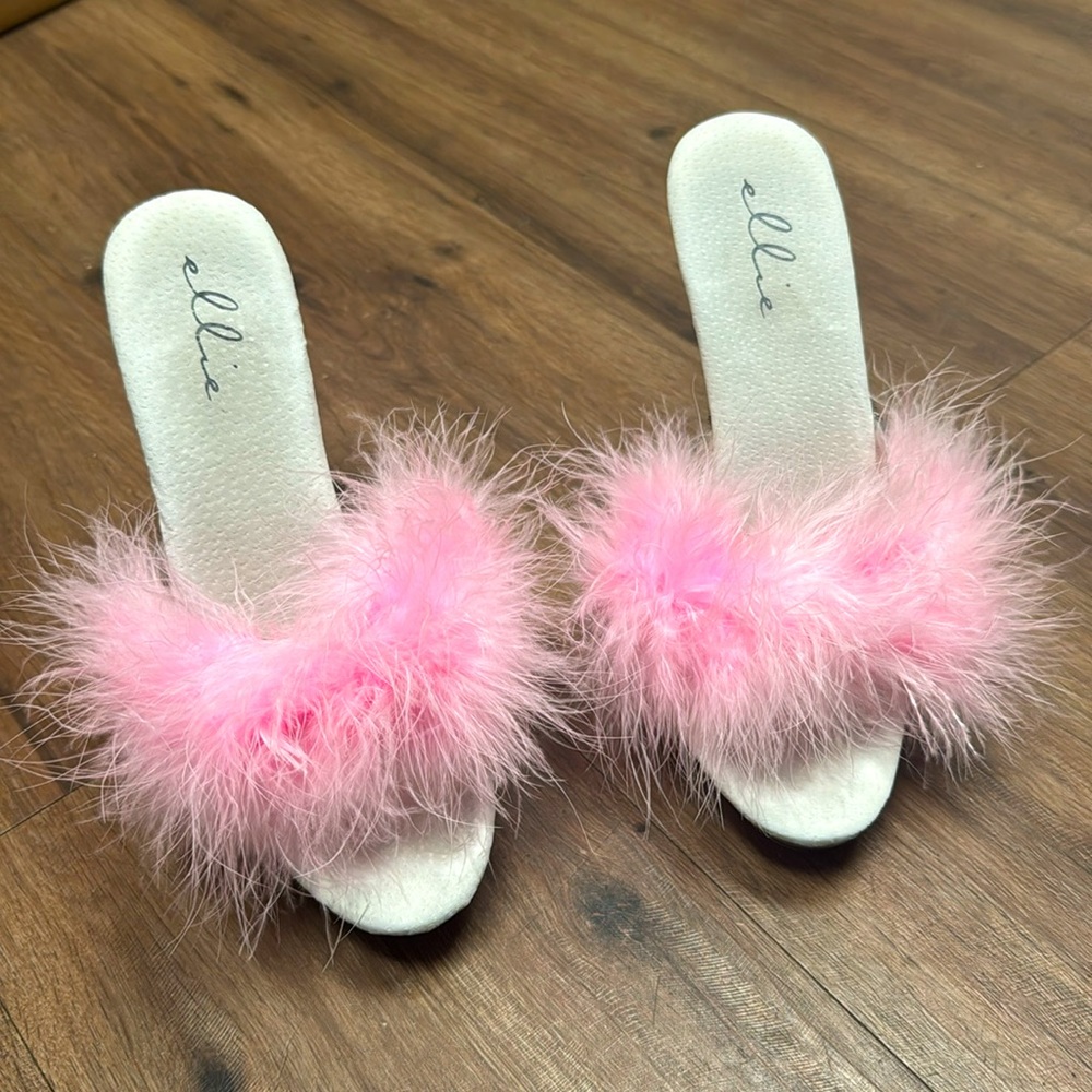 Ellie shoes pink marabou feather lucite heels